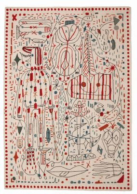 Hayon x Nani Teppich von Nanimarquina, 200x300 cm, mit abstrakten, bunten Mustern auf beigem Grund.